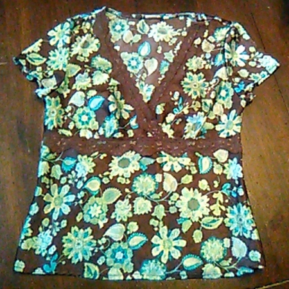 Ladies brown/turquoise floral blouse